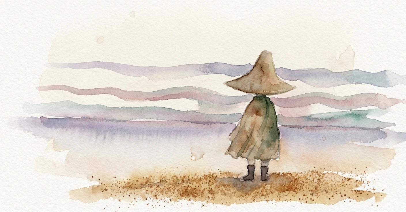 旅装の人物が海を見つめる水彩画